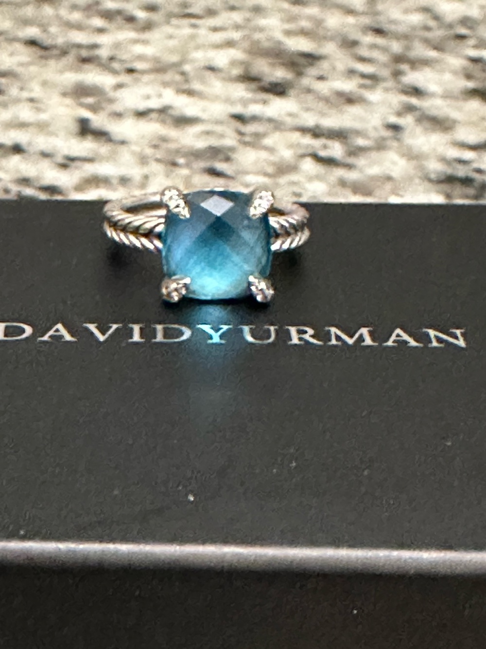 Authentic David Yurman Sterling Cable Ring with Teal Blue Cushion Topaz